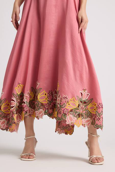 Shop_Chandrima_Pink Chanderi, Cotton Embroidery V-neck Corset Dress _Online_at_Aza_Fashions