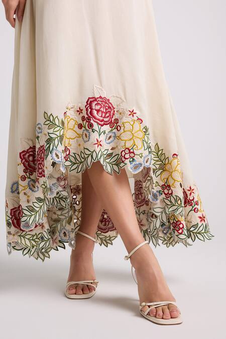 Chandrima Ivory Chanderi, Cotton Embroidery, Beads Halter Neck Dress Online at Aza Fashions Chandrima_Ivory Chanderi, Cotton Embroidery, Beads Halter Neck Dress _Online_at_Aza_Fashions