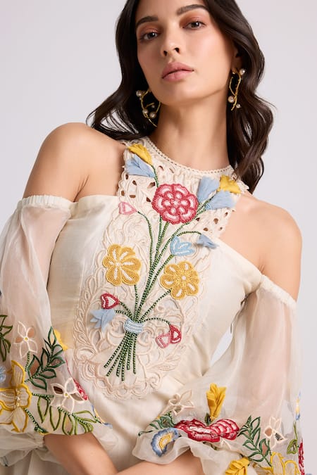 Buy Chandrima Ivory Chanderi, Cotton Embroidery, Beads Halter Neck Dress Online at Aza Fashions Buy_Chandrima_Ivory Chanderi, Cotton Embroidery, Beads Halter Neck Dress _Online_at_Aza_Fashions