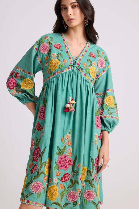 Chandrima Blue Kota Doria, Cotton Embroidery, Beads V-neck Gathered Dress Online at Aza Fashions Chandrima_Blue Kota Doria, Cotton Embroidery, Beads V-neck Gathered Dress _Online_at_Aza_Fashions