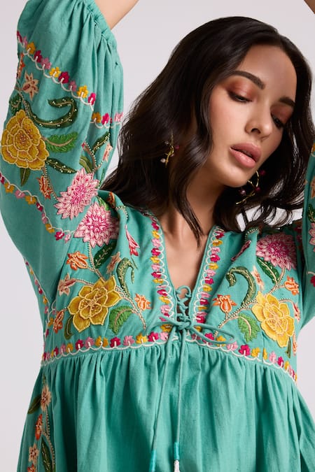 Buy Chandrima Blue Kota Doria, Cotton Embroidery, Beads V-neck Gathered Dress Online at Aza Fashions Buy_Chandrima_Blue Kota Doria, Cotton Embroidery, Beads V-neck Gathered Dress _Online_at_Aza_Fashions