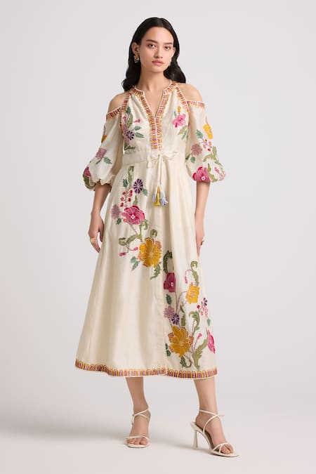 Chandrima Ivory Chanderi Embroidered Floral Chainstitch Notched Midi Dress 