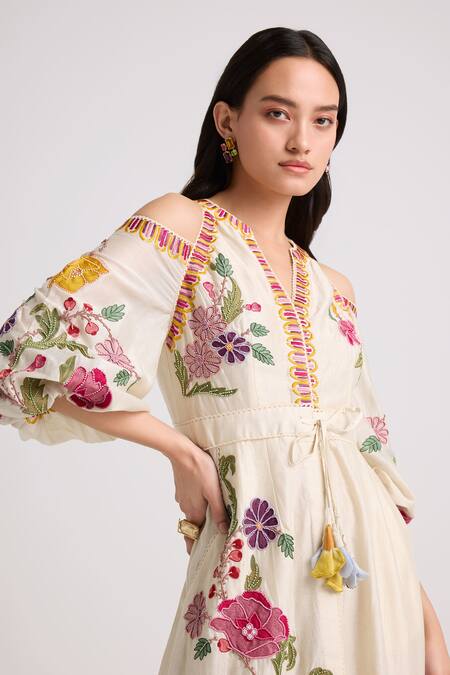 Chandrima Ivory Chanderi, Cotton Embroidery, Beads Split V-neck Midi Dress Online at Aza Fashions Chandrima_Ivory Chanderi, Cotton Embroidery, Beads Split V-neck Midi Dress _Online_at_Aza_Fashions