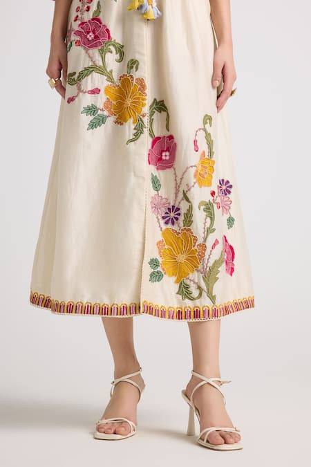 Buy Chandrima Ivory Chanderi, Cotton Embroidery, Beads Split V-neck Midi Dress Online at Aza Fashions Buy_Chandrima_Ivory Chanderi, Cotton Embroidery, Beads Split V-neck Midi Dress _Online_at_Aza_Fashions