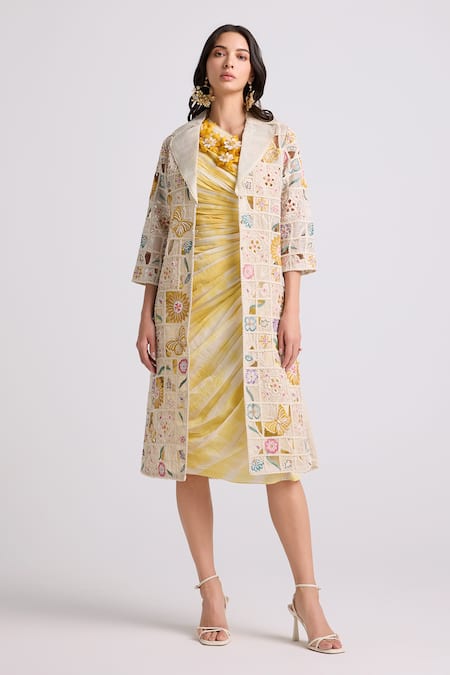 Chandrima Yellow Cotton Printed Tie-dye One Chanderi Embroidered Midi Dress 