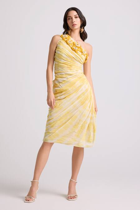 Buy Chandrima Yellow Cotton, Linen Embroidery One Shoulder Chanderi Midi Dress Online at Aza Fashions Buy_Chandrima_Yellow Cotton, Linen Embroidery One Shoulder Chanderi Midi Dress _Online_at_Aza_Fashions