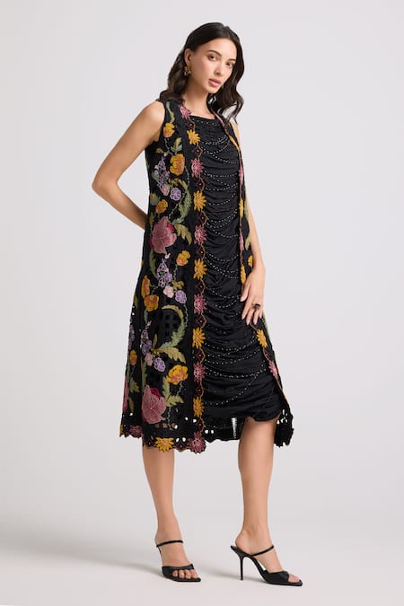Chandrima Black Voile, Cotton Beads Cowl Neck Embroidered Dress Online at Aza Fashions Chandrima_Black Voile, Cotton Beads Cowl Neck Embroidered Dress _Online_at_Aza_Fashions