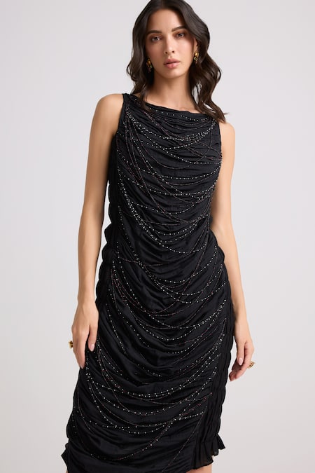 Buy Chandrima Black Voile, Cotton Beads Cowl Neck Embroidered Dress Online at Aza Fashions Buy_Chandrima_Black Voile, Cotton Beads Cowl Neck Embroidered Dress _Online_at_Aza_Fashions