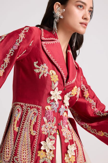 Buy Chandrima Red Chanderi, Cotton Embroidery, Beads Collared Applique Jacket Online at Aza Fashions Buy_Chandrima_Red Chanderi, Cotton Embroidery, Beads Collared Applique Jacket _Online_at_Aza_Fashions
