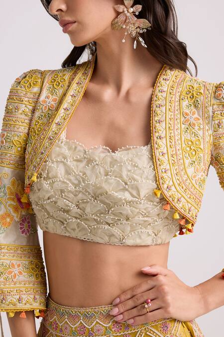Chandrima Ivory Chanderi, Cotton Beads, Crystals, Embroidery Open Neck Bolero Jacket Online at Aza Fashions Chandrima_Ivory Chanderi, Cotton Beads, Crystals, Embroidery Open Neck Bolero Jacket _Online_at_Aza_Fashions