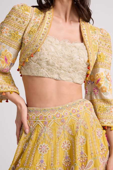 Buy Chandrima Ivory Chanderi, Cotton Beads, Crystals, Embroidery Open Neck Bolero Jacket Online at Aza Fashions Buy_Chandrima_Ivory Chanderi, Cotton Beads, Crystals, Embroidery Open Neck Bolero Jacket _Online_at_Aza_Fashions