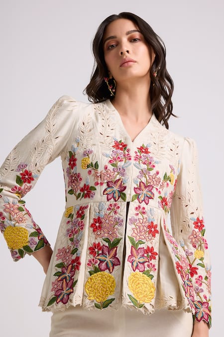 Chandrima Ivory Chanderi Embroidered Floral V Neck Jacket 