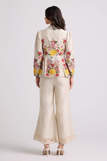 Chandrima_Ivory Chanderi, Cotton Beads, Embroidery V-neck Jacket _Online_at_Aza_Fashions