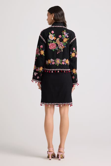 Shop Chandrima Black Cotton Beads, Embroidery Collared Chanderi Short Jacket at Aza Fashions Shop_Chandrima_Black Cotton Beads, Embroidery Collared Chanderi Short Jacket _at_Aza_Fashions