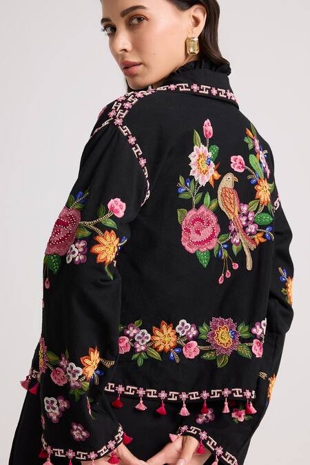 Buy Chandrima Black Cotton Beads, Embroidery Collared Chanderi Short Jacket Online at Aza Fashions Buy_Chandrima_Black Cotton Beads, Embroidery Collared Chanderi Short Jacket _Online_at_Aza_Fashions