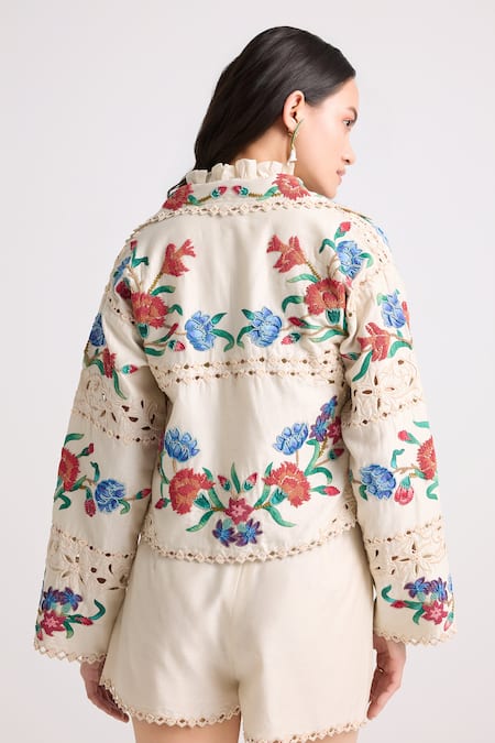 Shop Chandrima Ivory Chanderi, Cotton Embroidery, Beads Collared Applique Short Jacket at Aza Fashions Shop_Chandrima_Ivory Chanderi, Cotton Embroidery, Beads Collared Applique Short Jacket _at_Aza_Fashions