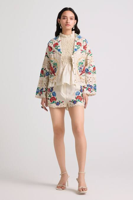 Chandrima Ivory Chanderi, Cotton Embroidery, Beads Collared Applique Short Jacket Online at Aza Fashions Chandrima_Ivory Chanderi, Cotton Embroidery, Beads Collared Applique Short Jacket _Online_at_Aza_Fashions