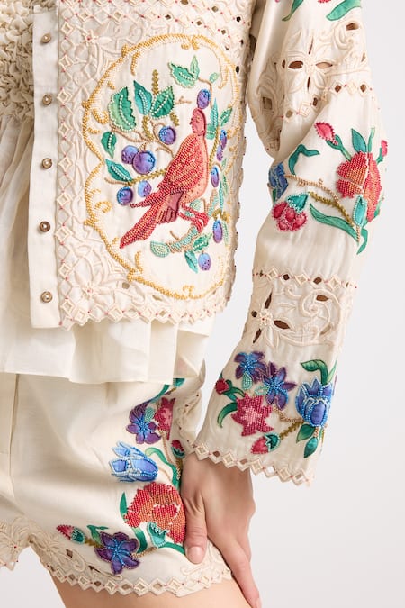 Buy Chandrima Ivory Chanderi, Cotton Embroidery, Beads Collared Applique Short Jacket Online at Aza Fashions Buy_Chandrima_Ivory Chanderi, Cotton Embroidery, Beads Collared Applique Short Jacket _Online_at_Aza_Fashions