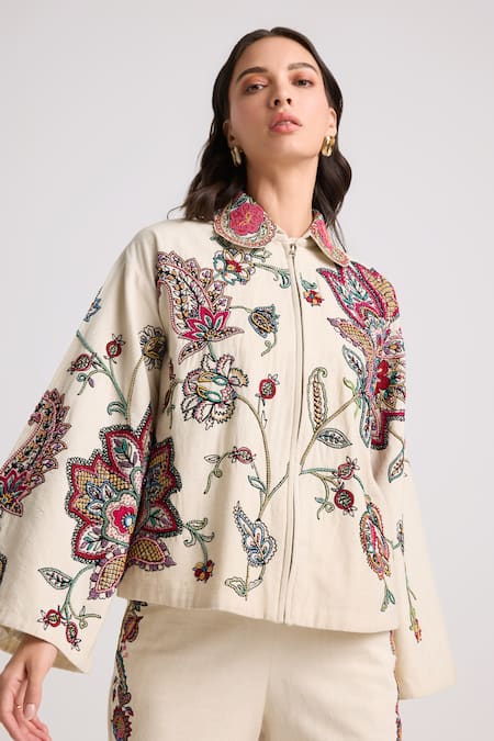 Chandrima Ivory Kala Cotton Embroidered Cords Collar Floral Jacket 