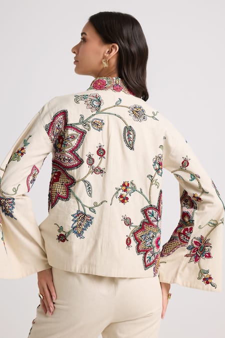 Shop Chandrima Ivory Kota Doria, Cotton Embroidery, Beads Collared Floral Jacket at Aza Fashions Shop_Chandrima_Ivory Kota Doria, Cotton Embroidery, Beads Collared Floral Jacket _at_Aza_Fashions