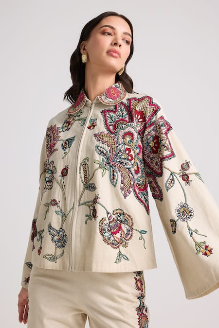 Chandrima Ivory Kota Doria, Cotton Embroidery, Beads Collared Floral Jacket Online at Aza Fashions Chandrima_Ivory Kota Doria, Cotton Embroidery, Beads Collared Floral Jacket _Online_at_Aza_Fashions