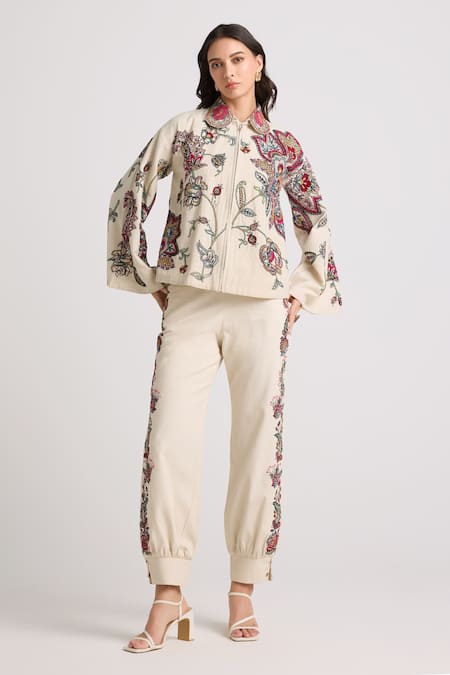 Buy Chandrima Ivory Kota Doria, Cotton Embroidery, Beads Collared Floral Jacket Online at Aza Fashions Buy_Chandrima_Ivory Kota Doria, Cotton Embroidery, Beads Collared Floral Jacket _Online_at_Aza_Fashions