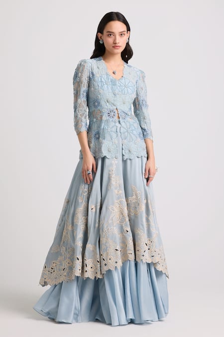 Chandrima Blue Chanderi Applique Embroidered Floral Cutwork U Neck Peplum Jacket 