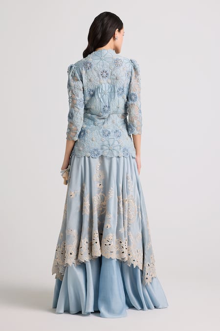 Shop Chandrima Blue Chanderi, Cotton Beads, Cut Work Round Applique Embroidered Peplum Jacket at Aza Fashions Shop_Chandrima_Blue Chanderi, Cotton Beads, Cut Work Round Applique Embroidered Peplum Jacket _at_Aza_Fashions