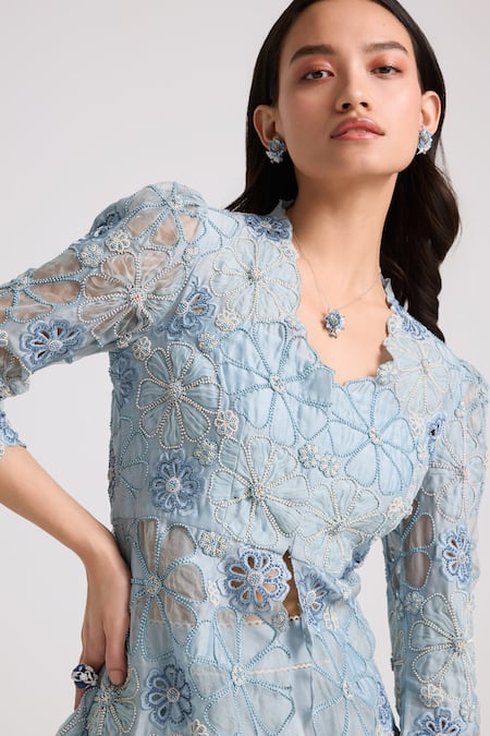 Buy Chandrima Blue Chanderi, Cotton Beads, Cut Work Round Applique Embroidered Peplum Jacket Online at Aza Fashions Buy_Chandrima_Blue Chanderi, Cotton Beads, Cut Work Round Applique Embroidered Peplum Jacket _Online_at_Aza_Fashions