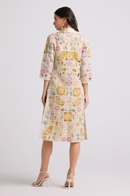 Shop Chandrima Ivory Silk Organza, Cotton Embroidery Collared Chanderi Long Jacket at Aza Fashions Shop_Chandrima_Ivory Silk Organza, Cotton Embroidery Collared Chanderi Long Jacket _at_Aza_Fashions