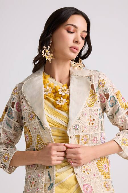 Chandrima Ivory Silk Organza, Cotton Embroidery Collared Chanderi Long Jacket Online at Aza Fashions Chandrima_Ivory Silk Organza, Cotton Embroidery Collared Chanderi Long Jacket _Online_at_Aza_Fashions