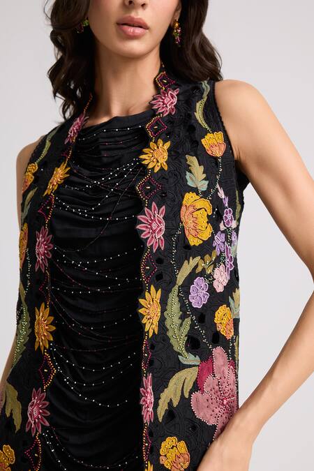 Buy_Chandrima_Black Chanderi, Cotton Embroidery, Beads Open Neck Long Jacket _Online_at_Aza_Fashions