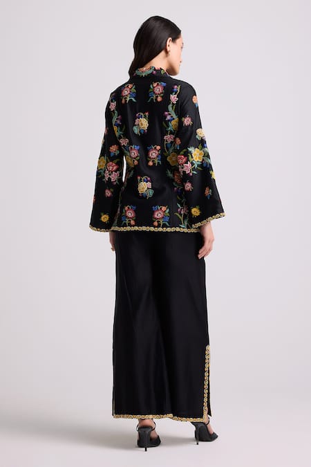 Shop Chandrima Black Chanderi, Cotton Embroidery Collared Floral Jacket at Aza Fashions Shop_Chandrima_Black Chanderi, Cotton Embroidery Collared Floral Jacket _at_Aza_Fashions