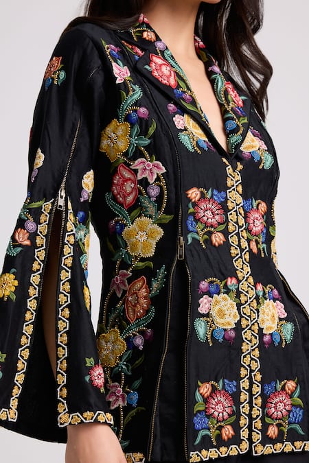 Buy Chandrima Black Chanderi, Cotton Embroidery Collared Floral Jacket Online at Aza Fashions Buy_Chandrima_Black Chanderi, Cotton Embroidery Collared Floral Jacket _Online_at_Aza_Fashions