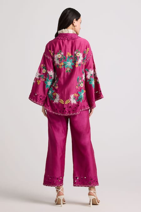 Shop Chandrima Fuchsia Chanderi, Cotton Beads, Cut Work Embroidered Flared Jacket at Aza Fashions Shop_Chandrima_Fuchsia Chanderi, Cotton Beads, Cut Work Embroidered Flared Jacket _at_Aza_Fashions