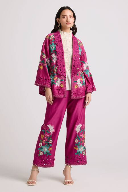 Chandrima Fuchsia Chanderi, Cotton Beads, Cut Work Embroidered Flared Jacket Online at Aza Fashions Chandrima_Fuchsia Chanderi, Cotton Beads, Cut Work Embroidered Flared Jacket _Online_at_Aza_Fashions