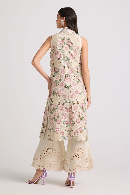 Shop Chandrima Ivory Chanderi, Cotton Embroidery, Beads Collared Long Jacket at Aza Fashions Shop_Chandrima_Ivory Chanderi, Cotton Embroidery, Beads Collared Long Jacket _at_Aza_Fashions