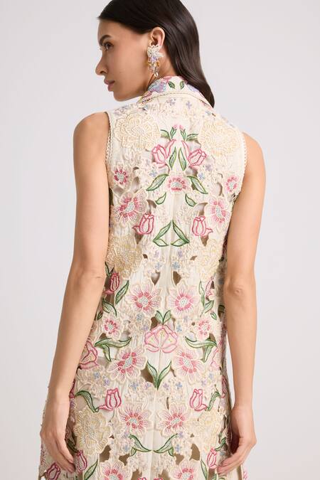 Chandrima Ivory Chanderi, Cotton Embroidery, Beads Collared Long Jacket Online at Aza Fashions Chandrima_Ivory Chanderi, Cotton Embroidery, Beads Collared Long Jacket _Online_at_Aza_Fashions