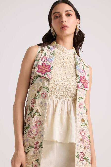 Buy Chandrima Ivory Chanderi, Cotton Embroidery, Beads Collared Long Jacket Online at Aza Fashions Buy_Chandrima_Ivory Chanderi, Cotton Embroidery, Beads Collared Long Jacket _Online_at_Aza_Fashions