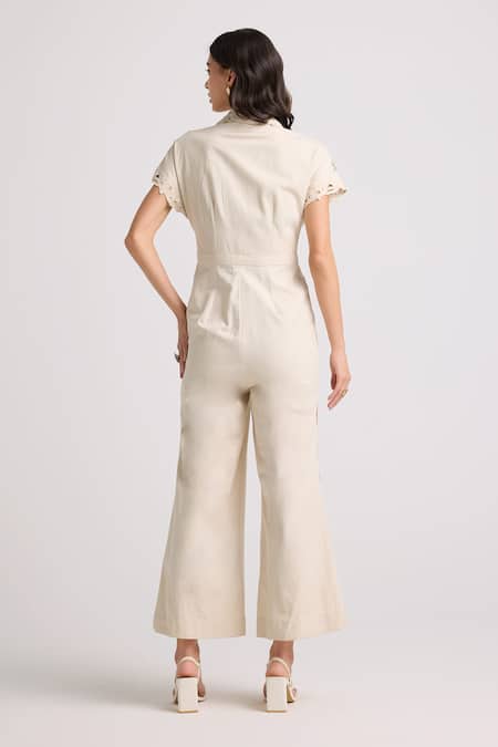 Shop_Chandrima_Ivory Cotton, Twill Embroidery Collared Floral Jumpsuit _at_Aza_Fashions