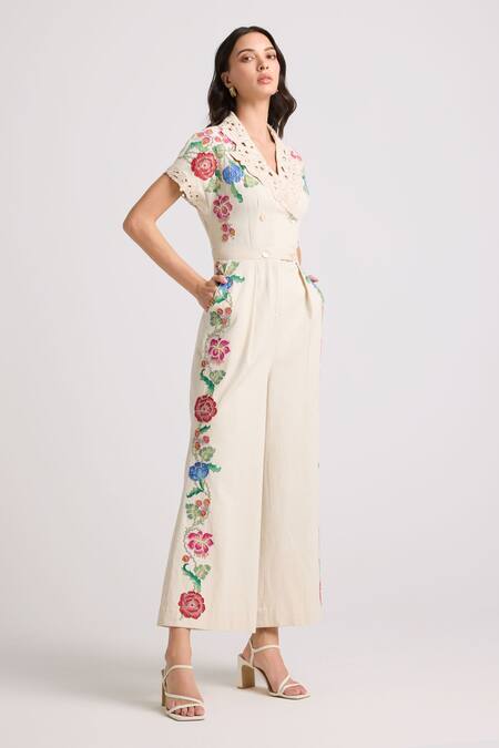 Chandrima_Ivory Cotton, Twill Embroidery Collared Floral Jumpsuit _Online_at_Aza_Fashions
