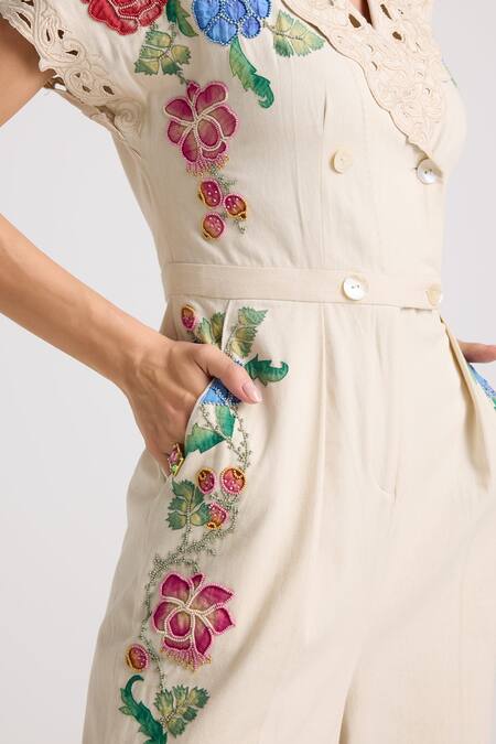 Buy_Chandrima_Ivory Cotton, Twill Embroidery Collared Floral Jumpsuit _Online_at_Aza_Fashions