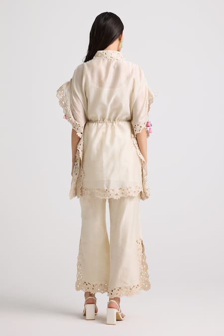 Shop_Chandrima_Ivory Chanderi, Cotton Embroidery, Cut Work Collared Kaftan Shirt _at_Aza_Fashions