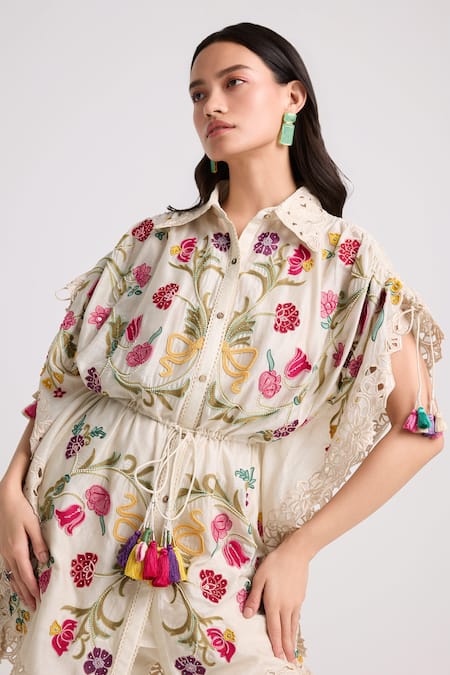 Chandrima_Ivory Chanderi, Cotton Embroidery, Cut Work Collared Kaftan Shirt _Online_at_Aza_Fashions