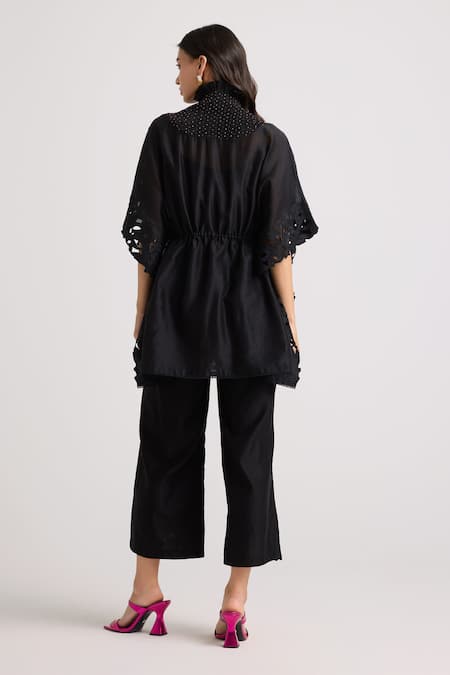 Shop_Chandrima_Black Chanderi Embroidered Floral High Neck Kaftan _at_Aza_Fashions