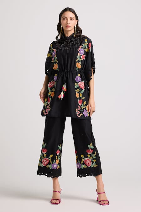 Chandrima_Black Chanderi Embroidered Floral High Neck Kaftan _Online_at_Aza_Fashions