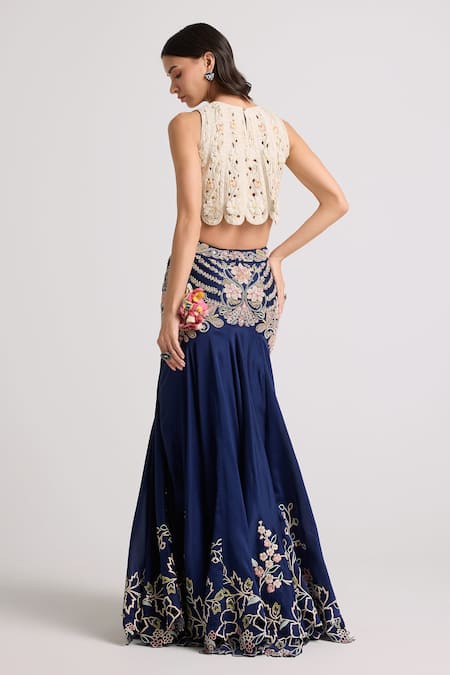 Shop_Chandrima_Blue Chanderi, Cotton Embroidery, Beads, Crystals Lehenga _at_Aza_Fashions