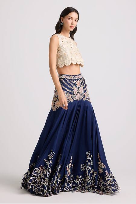 Chandrima_Blue Chanderi, Cotton Embroidery, Beads, Crystals Lehenga _Online_at_Aza_Fashions