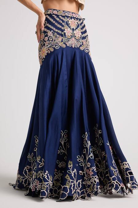 Buy_Chandrima_Blue Chanderi, Cotton Embroidery, Beads, Crystals Lehenga _Online_at_Aza_Fashions