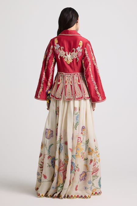 Shop_Chandrima_Ivory Silk Organza, Linen Embroidery, Beads Pleated Lehenga _at_Aza_Fashions